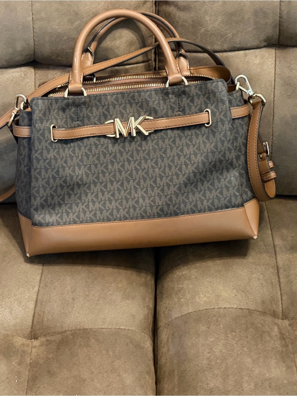 Michael Kors Brown Two-Tone Signature MK Satchel - Picture 1 of 6